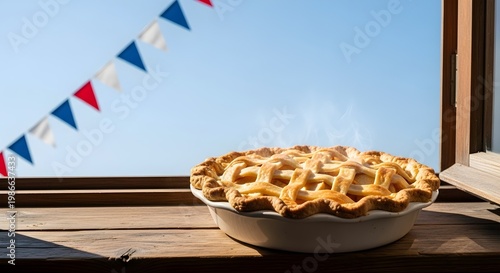 Happy 4th july celebration with a warm pie on a wooden table indoors
