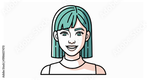 A woman with straight green hair and blunt bangs looks forward while wearing a white high-neck sleeveless top in a digital illustration.