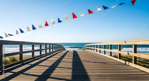 Happy 4th july celebration on a serene beach boardwalk with flags