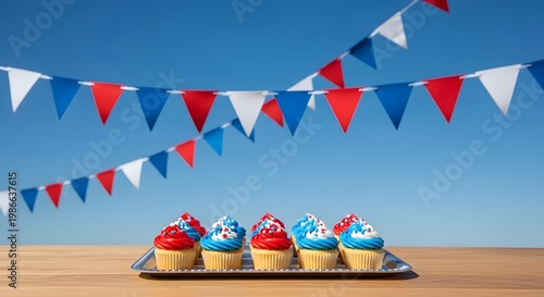 Happy 4th july celebration with cupcakes and bunting on a table