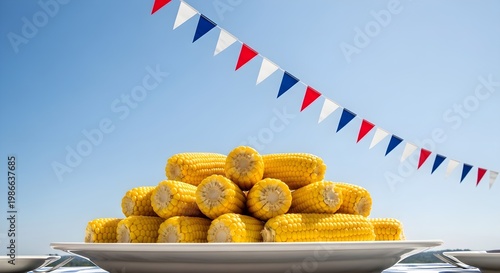 A plate of grilled corn on the cob is served under a festive bunting.