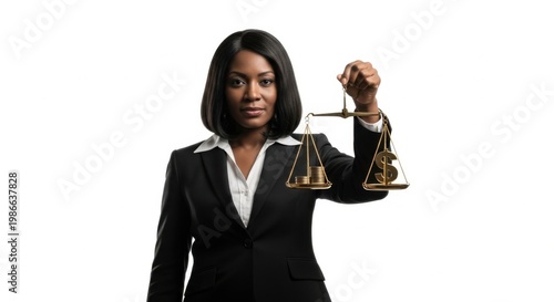 Professional Woman in Suit Holding Scales of Justice Symbol