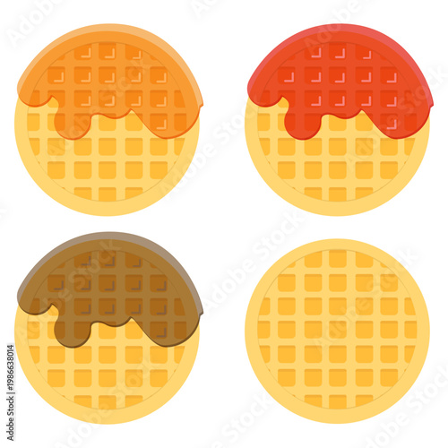 Set of Waffles with Various Toppings Including Honey, Strawberry Jam, Chocolate, and Plain. Vector Illustration