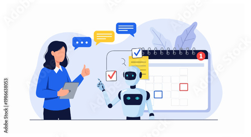 A woman in a blue sweater holds a digital tablet and gives a thumbs up to a small robot pointing at a large monthly calendar grid.