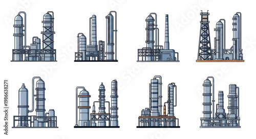 Illustrations of Industrial Plants and Refineries for Energy Production.