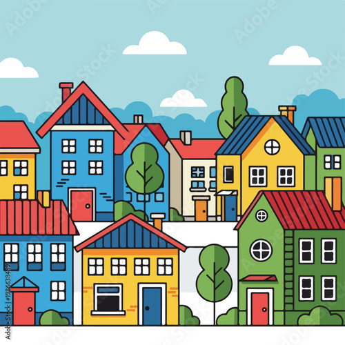 Colorful suburban neighborhood scene