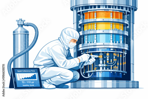 Quantum Computing Engineer Calibrating Qubit System in Dilution Refrigerator Lab