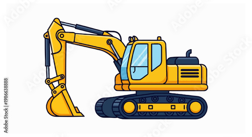 A yellow hydraulic excavator with a front-facing digging bucket and a glass cabin sits on heavy black caterpillar tracks against a plain white background.