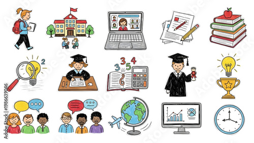 Top View Childlike Crayon Style Education Workflow Vector Set, Studying, Online Class, Assignments, Exams, Graduation, Naive Hand Drawn Figures, White Background