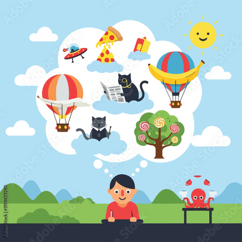 A boy daydreams of whimsical objects