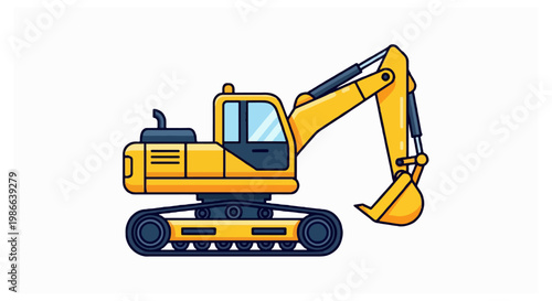 A yellow industrial digging machine with its hydraulic arm extended and bucket resting near the ground is shown in a side profile view on a white background.