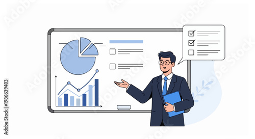 A man in a dark suit presents complex data visualizations on a whiteboard while a checklist speech bubble appears on the right side of the frame.