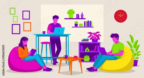 Young people working and relaxing in a modern co-working space.