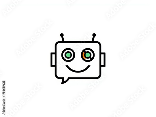 Cartoon robot with glowing eyes smiling against a white background