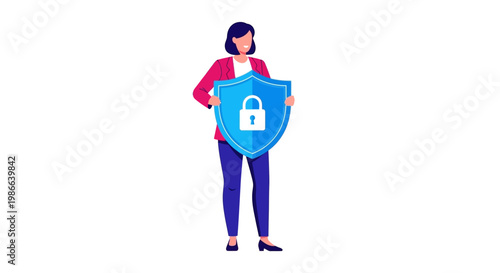 Woman Holding Shield with Padlock Symbol Security Concept.