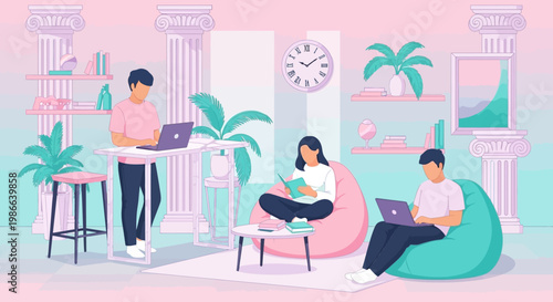 Young people working and studying in a modern co-working space.