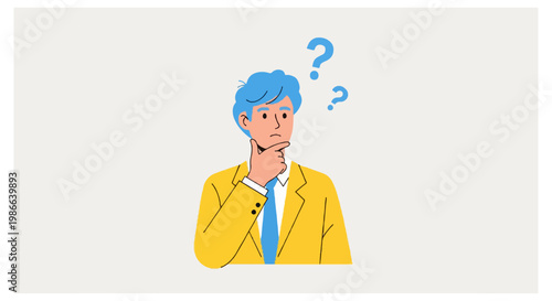 A man with blue hair wearing a yellow suit jacket and blue necktie holds his chin while looking at two blue question marks.