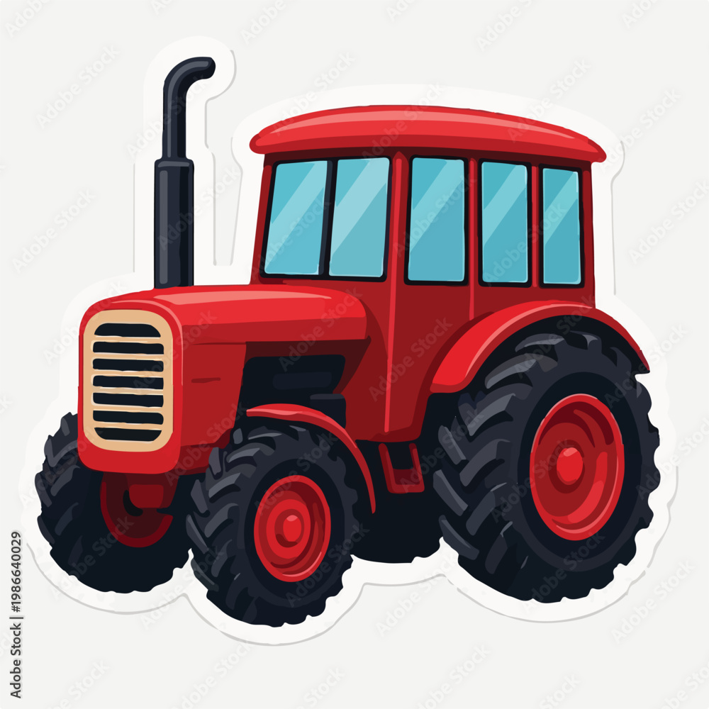 Obraz premium A vibrant red farm tractor sticker illustration ready for children's books, agricultural themes, and rural design projects in a playful style.