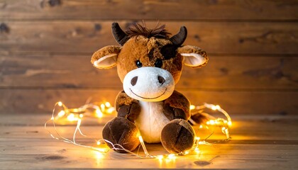 Adorable stuffed bovine toy illuminated by glowing fairy lights