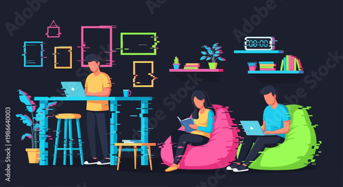 Young people working and studying in a modern coworking space.