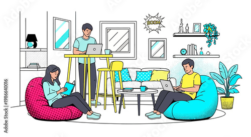 Young people working and studying in a modern coworking space.