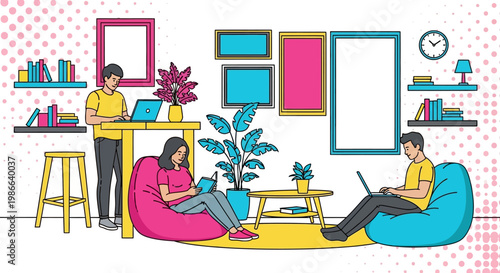 Young people working and studying in a modern living room.