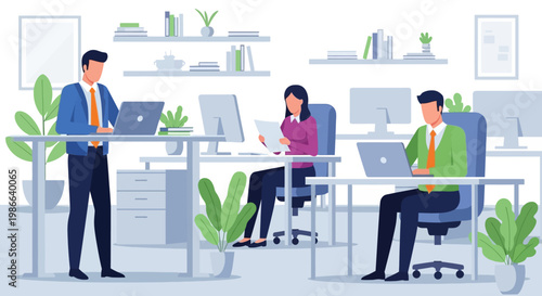 Three professionals working diligently in a modern office environment.