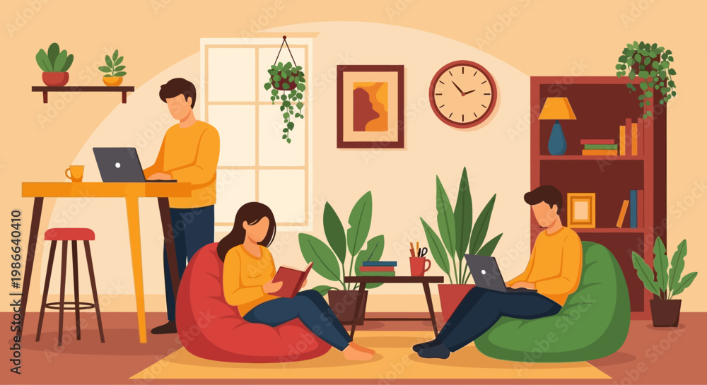 Fototapeta premium Young people working and studying together in a cozy living room environment.