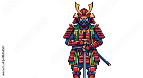 Traditional Japanese Samurai Warrior in Full Armor Holding Sword.