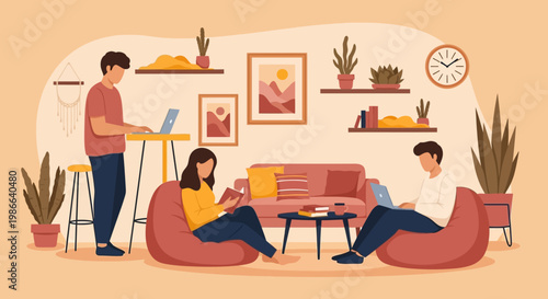 Young adults collaborating and relaxing in a modern living space.