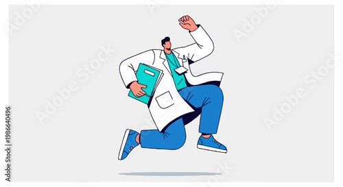 A medical professional in a white coat and blue pants leaps dynamically through the air while holding onto a teal folder and wearing an identification badge.