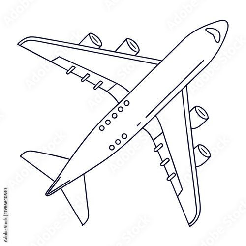 A minimalist line art illustration of an airplane in flight, depicted in a simple yet detailed vector graphic design.