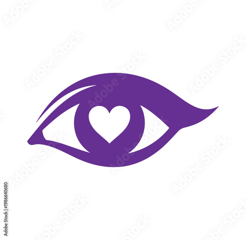Purple eye with heart shaped pupil on white background