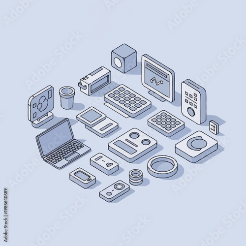 Isometric illustration of various electronic devices and gadgets.