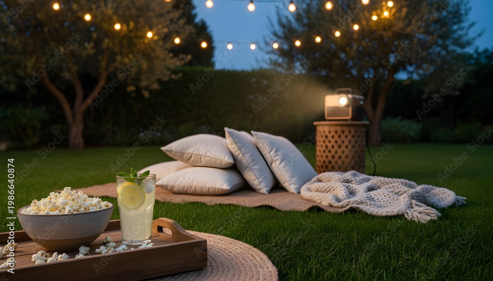 Fototapeta premium Outdoor movie night setup in a cozy backyard garden with a projector, popcorn, and string lights for a leisure and home entertainment concept at dusk