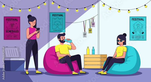 Three friends relaxing and enjoying a festival atmosphere together.