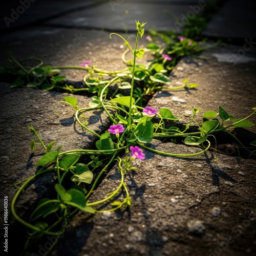 Vines with Pink Flowers Spreading Across Rough Concrete Surface