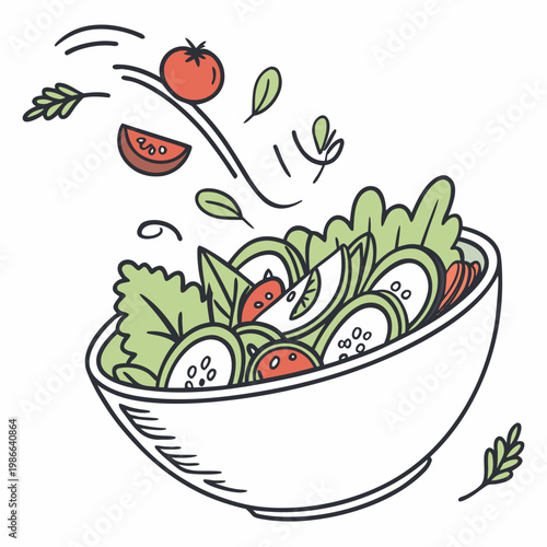 A colorful vector illustration of a fresh salad bowl with vegetables and greens