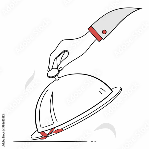 A minimalist vector illustration of a hand lifting the lid of a serving dish with a knife