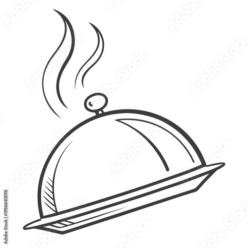 A simple line art illustration of a covered serving dish with steam rising from it