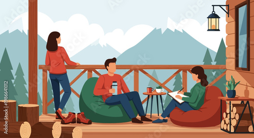 Three friends relaxing on a wooden porch with mountains view.
