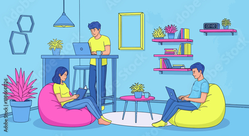 Young people working on laptops in a modern co-working space.