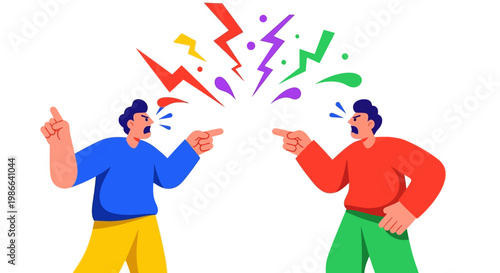Two people arguing with colorful lightning bolts above them.