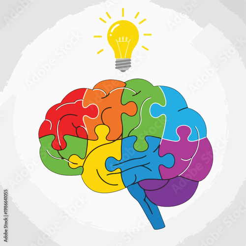 A brain composed of multicolored puzzle pieces with a lightbulb