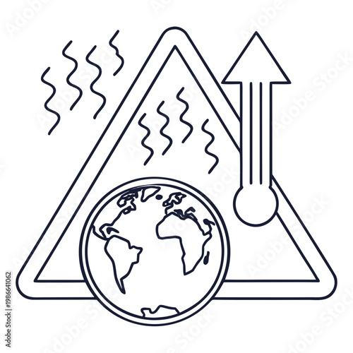 A vector graphic illustration of a warning sign with a globe and rising temperature symbolizing global warming and climate change.