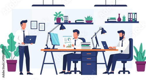 Three men working in a modern office environment.