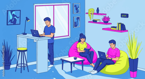 Young people working on laptops in a modern co-working space.