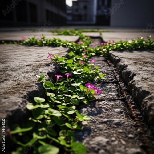Vibrant Pink Flowers Growing Between Stone Pavers in Urban Path