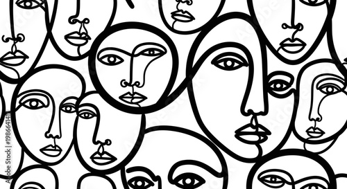 Abstract Faces Seamless Pattern, Continuous Line Drawing, Modern Art