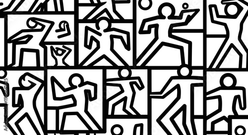 Abstract Figures Dancing, Black and White, Pop Art Style, Dynamic Movement Pattern